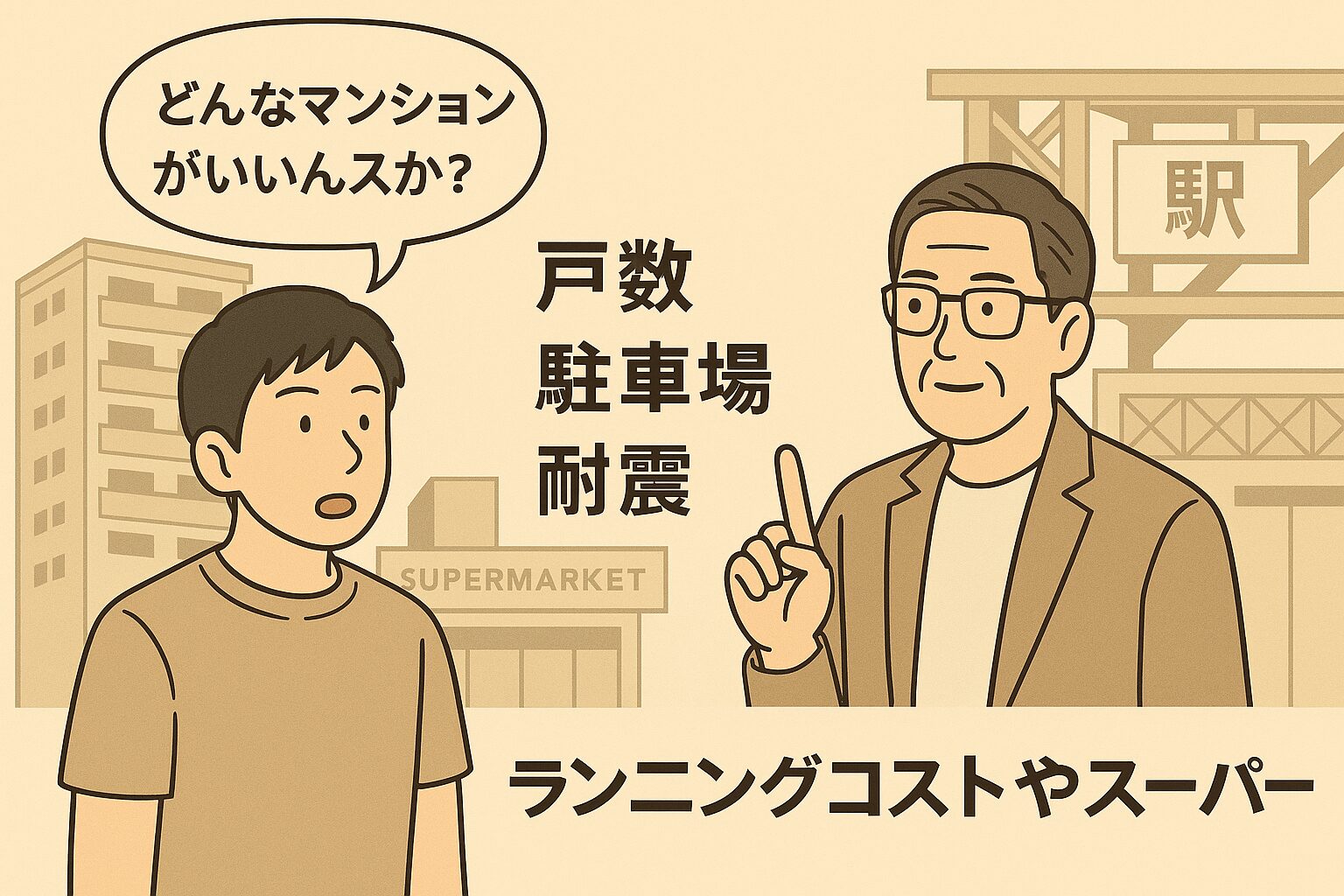 マンション選びについて相談する後輩に、戸数・駐車場・耐震・ランニングコストの重要性を語る40代オジのイラスト