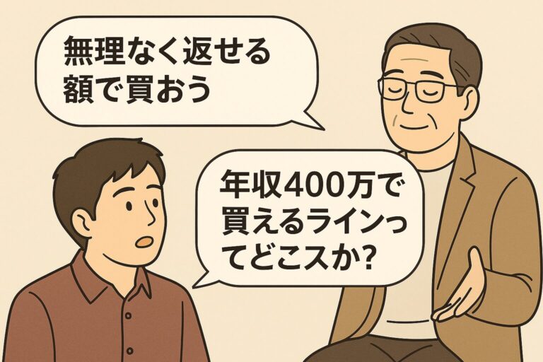 マンション選びについて相談する後輩に、戸数・駐車場・耐震・ランニングコストの重要性を語る40代オジのイラスト