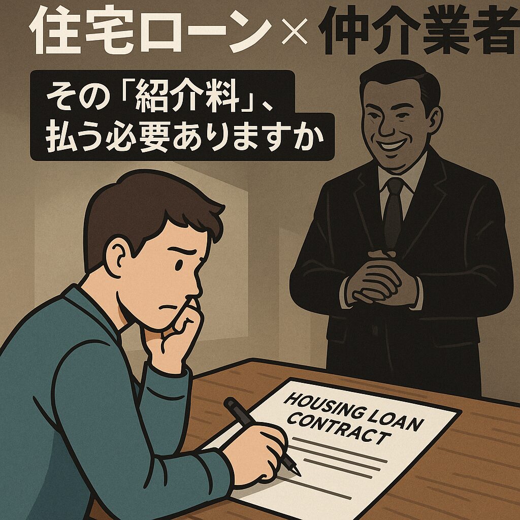契約書を前に不安そうな表情を浮かべる住宅購入者と、それを見て笑う仲介業者
