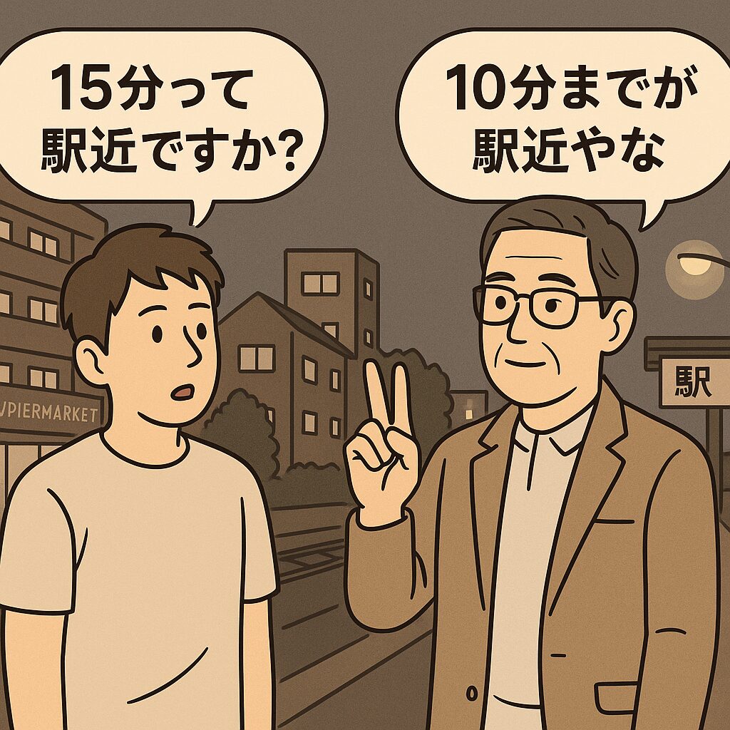 駅近の目安について語るオジと後輩のイラスト。徒歩10分と15分の違いを問うシーン。