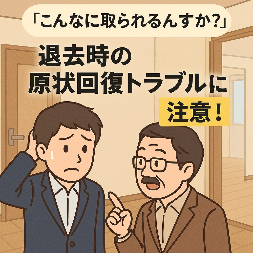 退去時に原状回復費を請求されて困惑する若い男性と、アドバイスをする中年男性が、マンションの玄関で話しているイラスト。「退去時の原状回復トラブルに注意！」という文字入り。