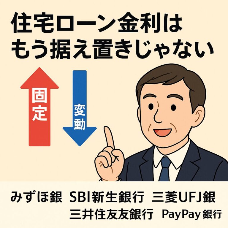 スーツ姿の中年男性が、固定金利と変動金利について説明している横長のイラスト。左側に赤い上向き矢印「固定」、青い下向き矢印「変動」と書かれており、上部には「住宅ローン金利はもう据え置きじゃない」という太字のタイトル。下部には5つの銀行名「みずほ銀行」「SBI新生銀行」「三菱UFJ銀行」「三井住友銀行」「PayPay銀行」が整然と並ぶ。