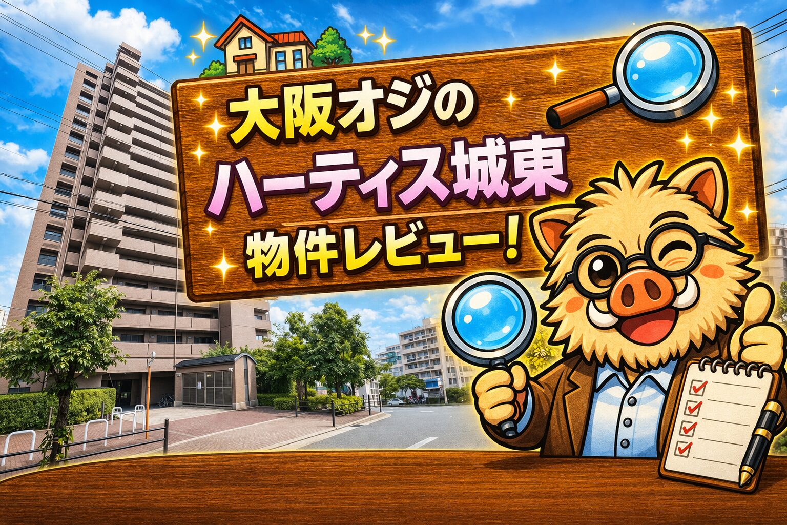 ハーティス城東の外観と大阪オジの物件レビューアイキャッチ